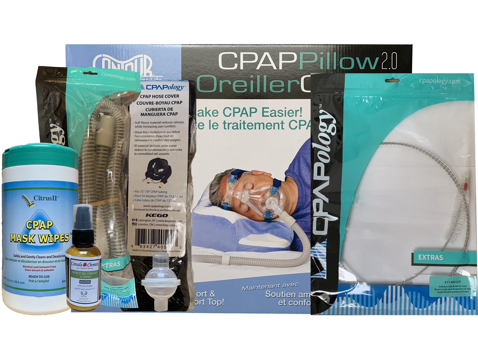 Comfort Kit Plus (Wipes, Lotion, Bacterial Filter, Brush, Tube, Hose Cover,  Contour CPAP Pillow)